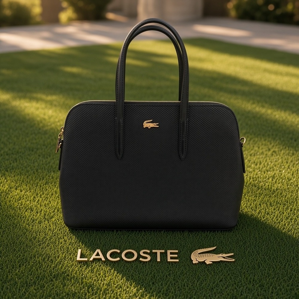 Lacoste Chantaco Black Pique Textured Leather Satchel Bag Gold Logo F1705 00